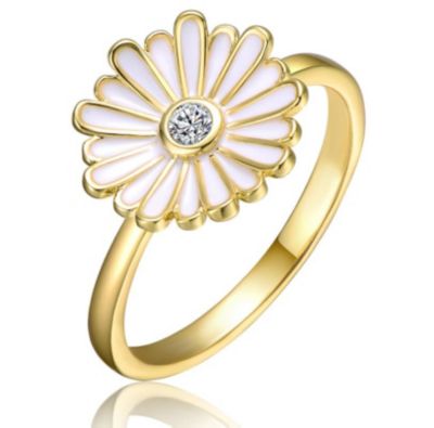 Rozzato Lab Created 14K Gold Plated with Clear Cubic Zirconia & White Enamel Daisy Flower Ring for Teens