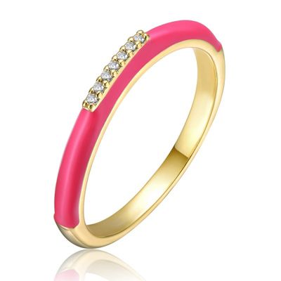 Rozzato Lab Created 14K Gold Plated with Clear Cubic Zirconia & Colored Enamel Slim Stacking Band Ring for Kids/Teens