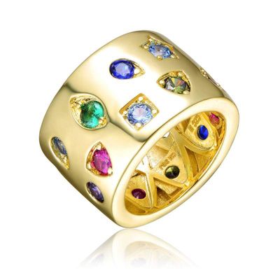 Rozzato Lab Created Radiant 14K Gold Plated Wide Band Ring with Spotted Multi-Colored Cubic Zirconia