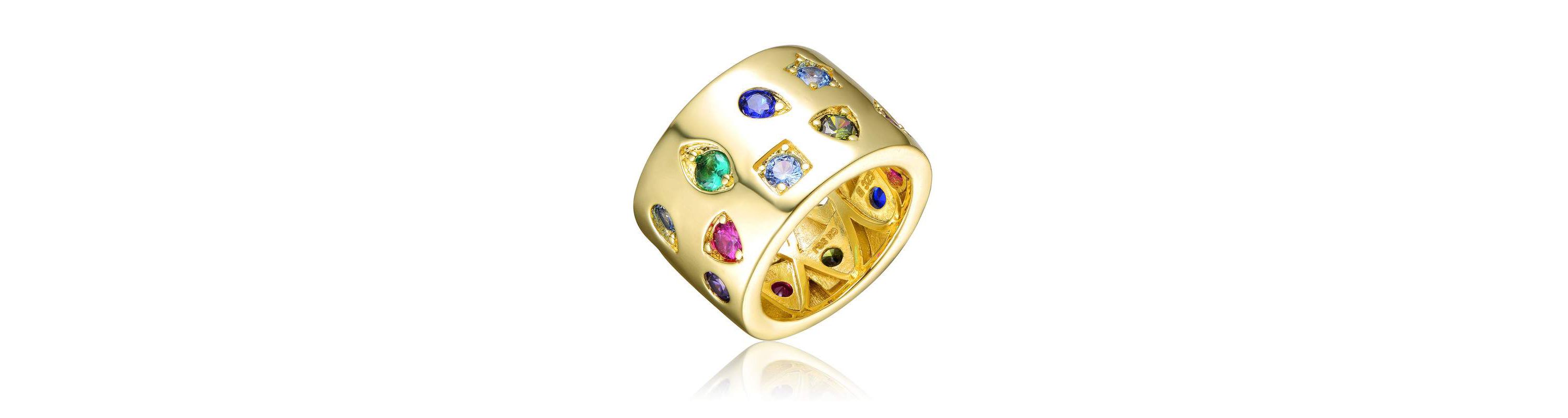 Lab Created 14K Gold Plated with Multi-Colored Cubic Zirconia Wide Band Ring