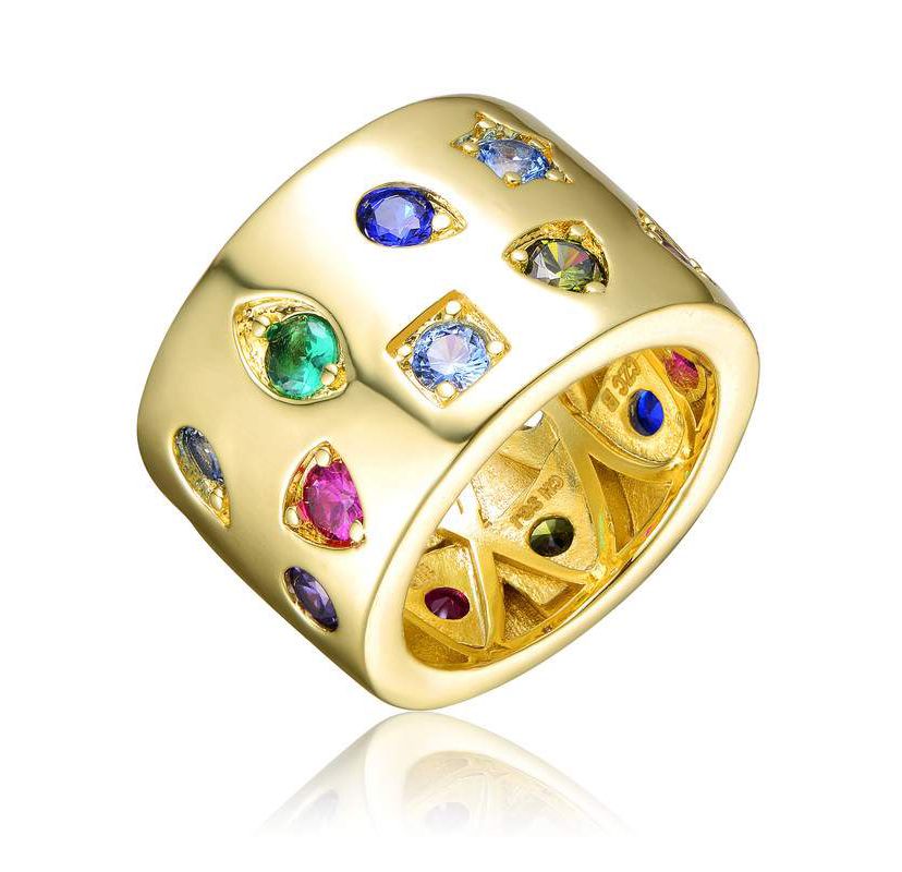 Lab Created 14K Gold Plated with Multi-Colored Cubic Zirconia Wide Band Ring
