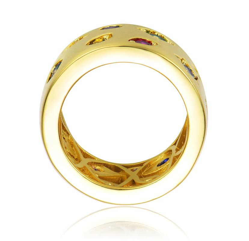 Lab Created 14K Gold Plated with Multi-Colored Cubic Zirconia Wide Band Ring