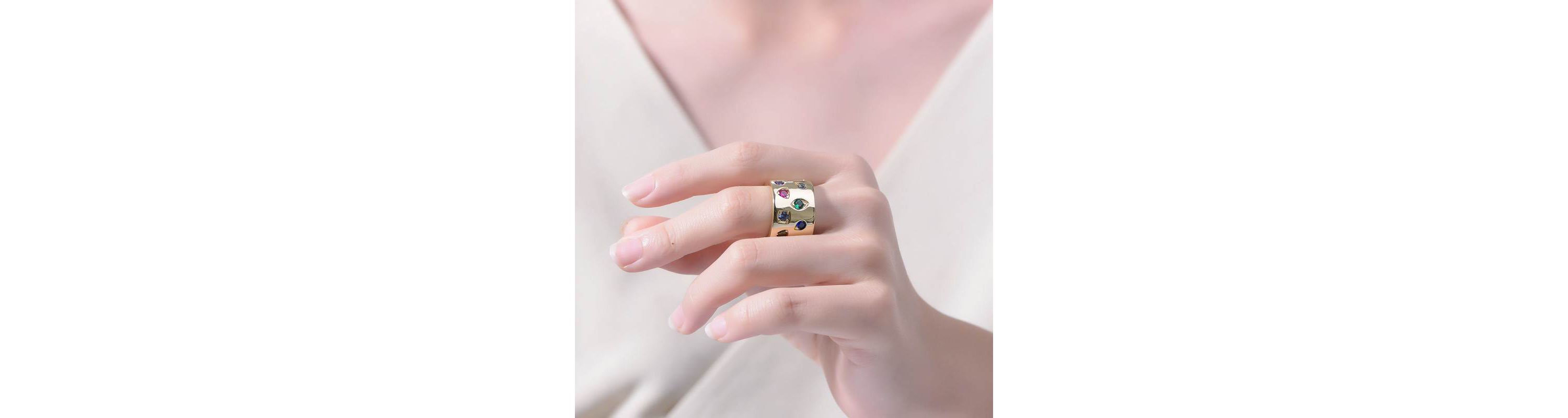 Lab Created 14K Gold Plated with Multi-Colored Cubic Zirconia Wide Band Ring