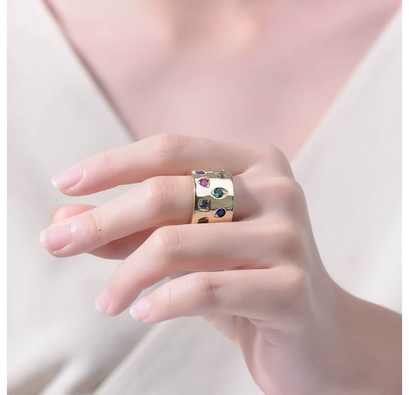 Lab Created 14K Gold Plated with Multi-Colored Cubic Zirconia Wide Band Ring