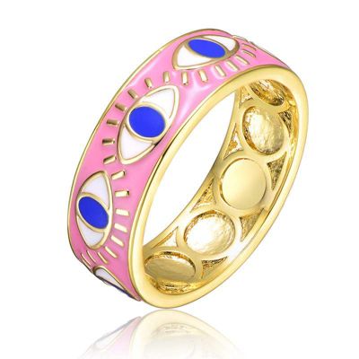 Rozzato Lab Created 14K Gold Plated with Pink Enamel & Blue Eye Shaped Design Band Ring for Kids/Teens