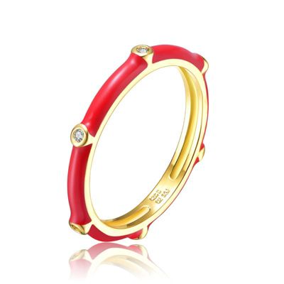 Rozzato Lab Created 14K Gold Plated with Clear Cubic Zirconia & Colored Enamel Bamboo Stacking Ring for Kids/Teens, Red, 6