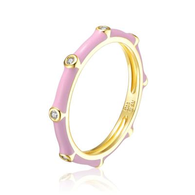 Rozzato Lab Created 14K Gold Plated with Clear Cubic Zirconia & Colored Enamel Bamboo Stacking Ring for Kids/Teens