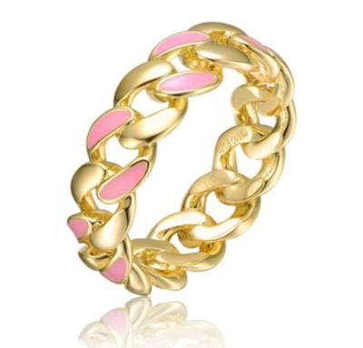 Rozzato Lab Created 14K Gold Plated with Pink Enamel Inlay Chunky Stiff Chain Ring for Teens