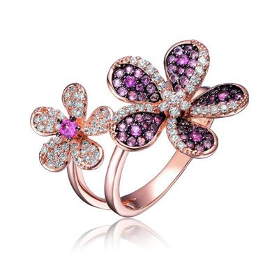 Rozzato Lab Created 18K Rose Gold and Black Plated with Multi Colored Cubic Zirconia Floral Ring