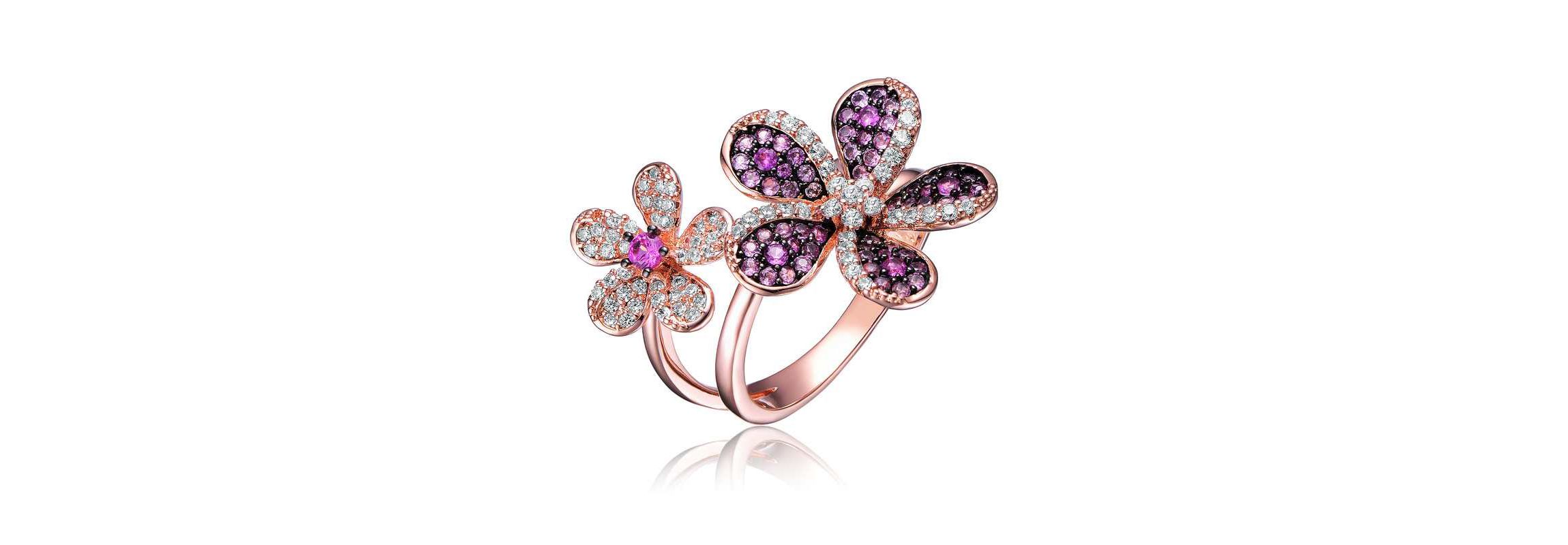 Lab Created 18K Rose Gold and Black Plated with Multi Colored Cubic Zirconia Floral Ring