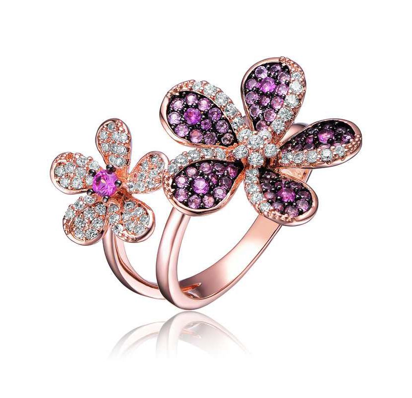 Lab Created 18K Rose Gold and Black Plated with Multi Colored Cubic Zirconia Floral Ring