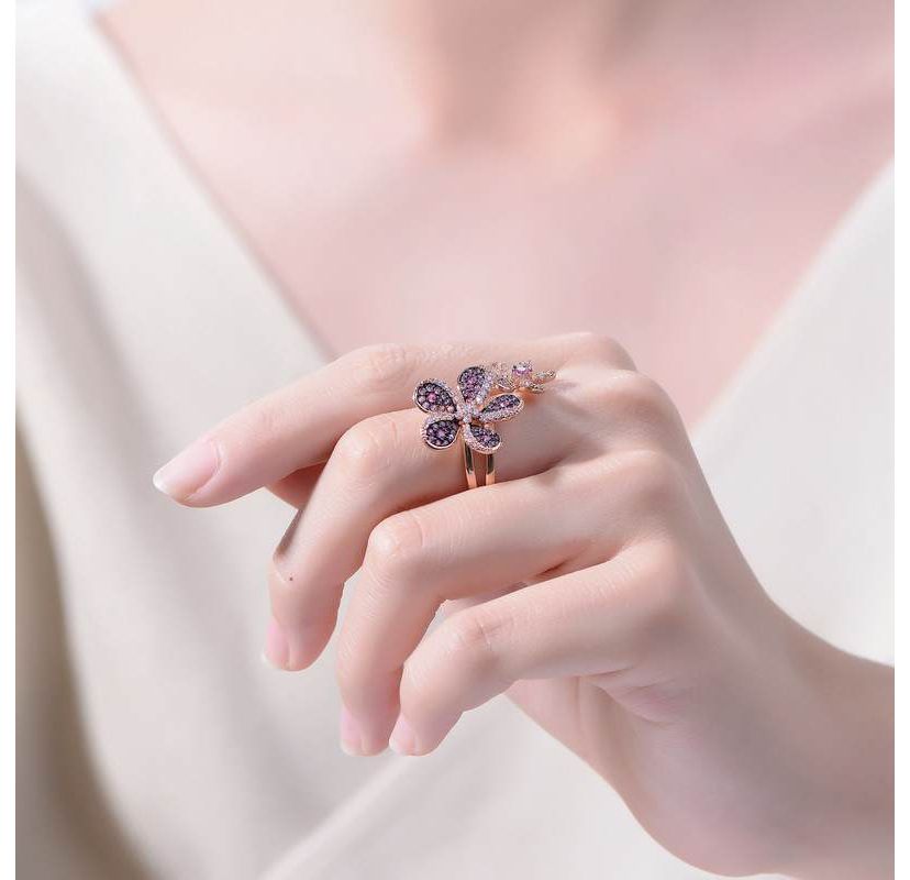 Lab Created 18K Rose Gold and Black Plated with Multi Colored Cubic Zirconia Floral Ring