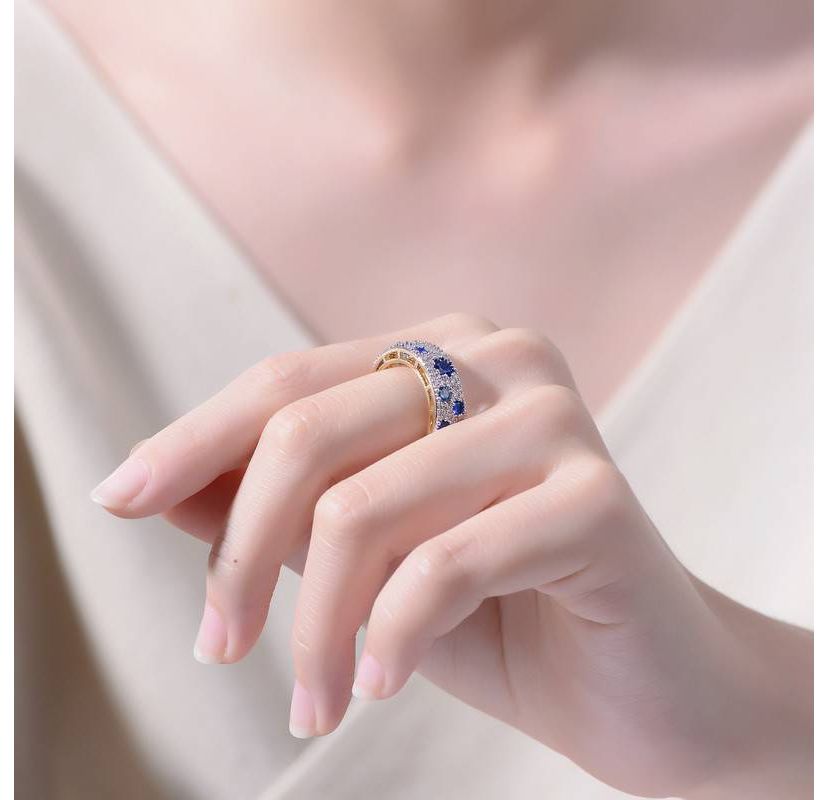 Lab Created Two-Tone with Sapphire Blue Cubic Zirconia Cocktail Ring