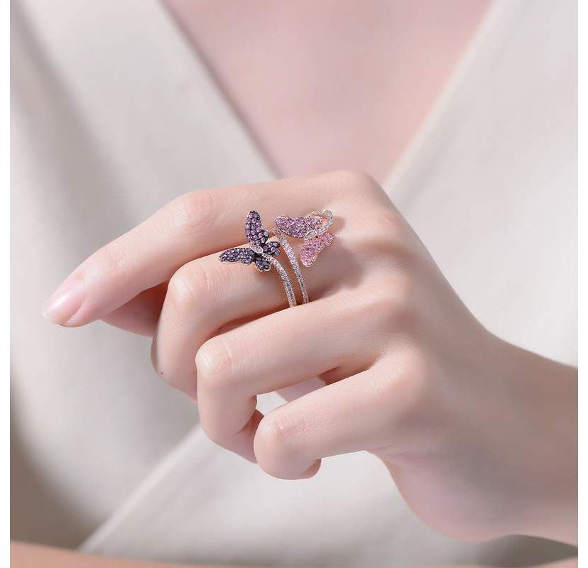 Lab Created 18K Rose Gold and Black Plated with Multi Colored Cubic Zirconia Modern Butterfly Ring