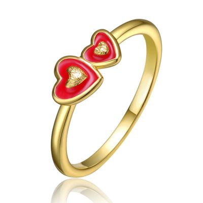 Rozzato Lab Created 14K Gold Plated with Red Enamel Double Heart Stacking Ring for Kids