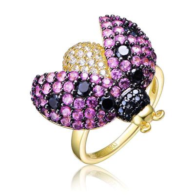 Rozzato Lab Created 14K Gold Plated and Black Plated with Multi Colored Cubic Zirconia Ladybug Ring