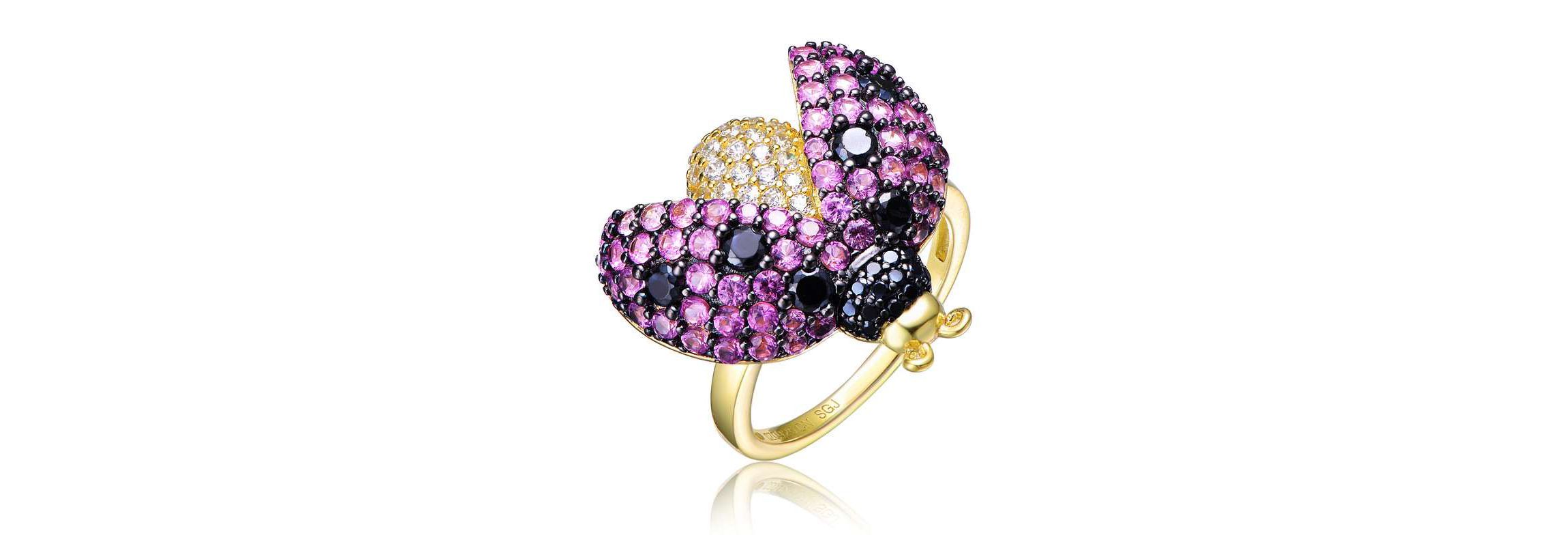 Lab Created 14K Gold Plated and Black Plated with Multi Colored Cubic Zirconia Ladybug Ring