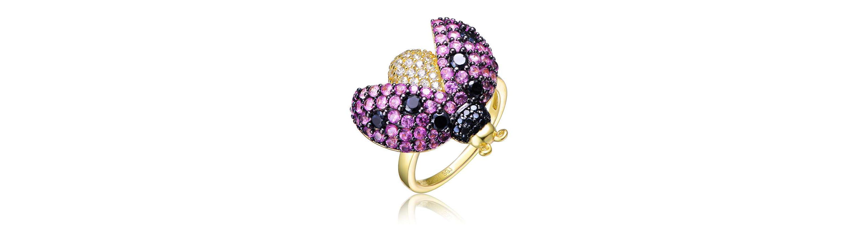 Lab Created 14K Gold Plated and Black Plated with Multi Colored Cubic Zirconia Ladybug Ring
