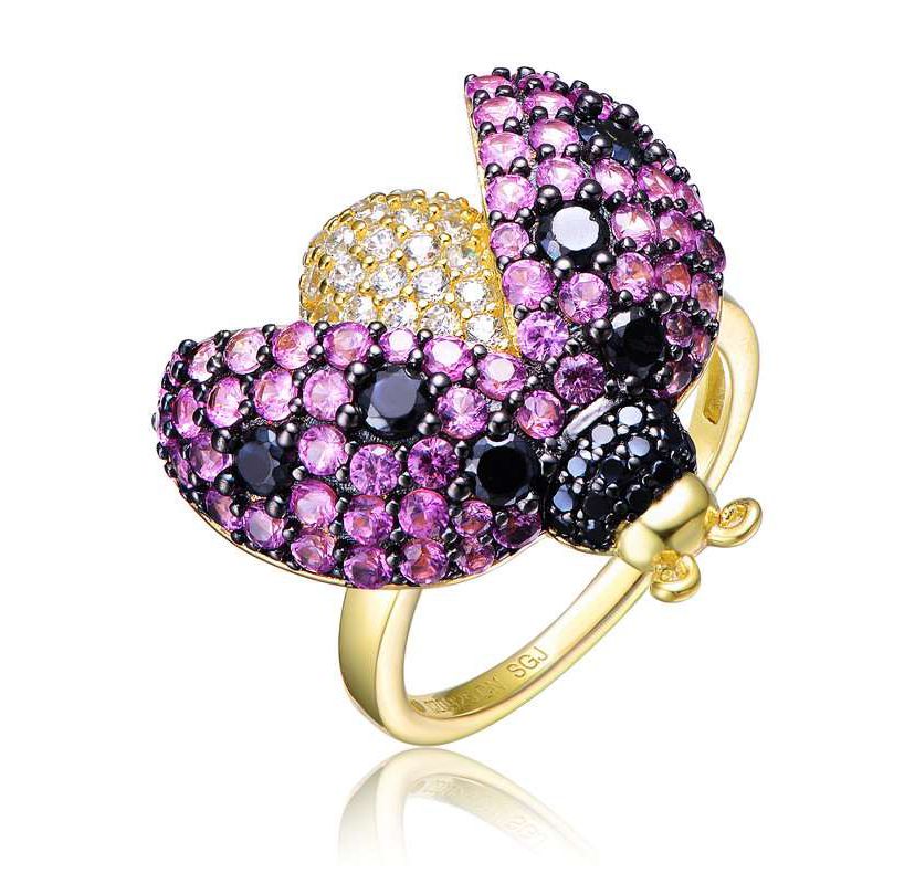 Lab Created 14K Gold Plated and Black Plated with Multi Colored Cubic Zirconia Ladybug Ring