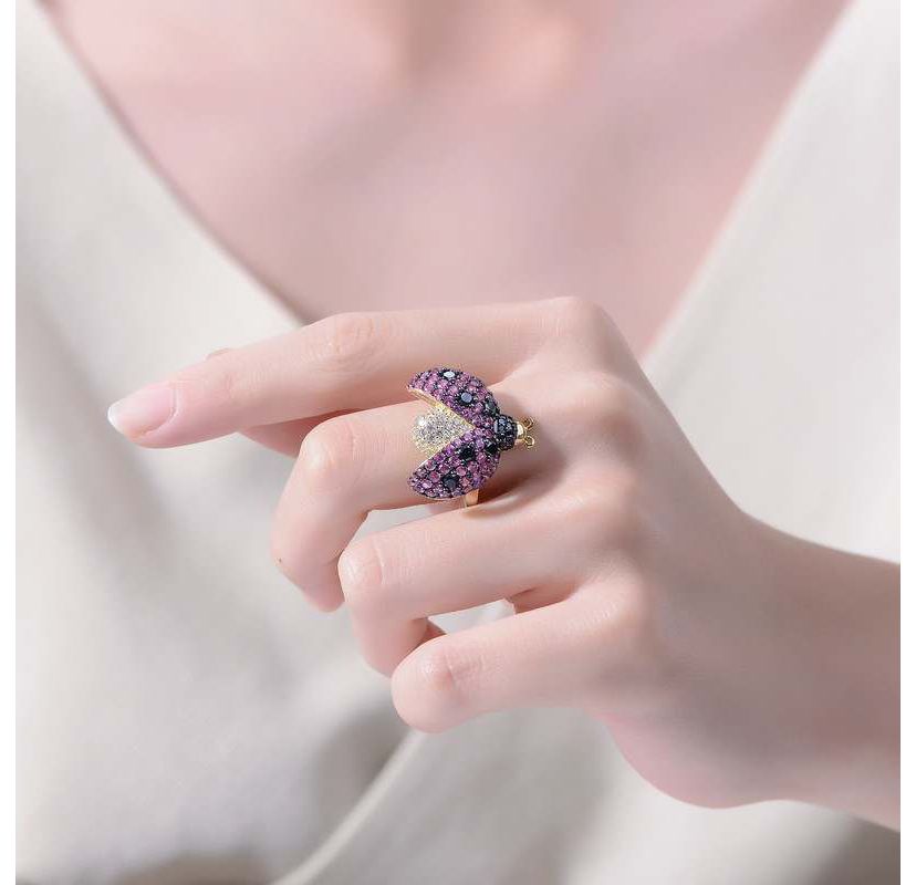 Lab Created 14K Gold Plated and Black Plated with Multi Colored Cubic Zirconia Ladybug Ring