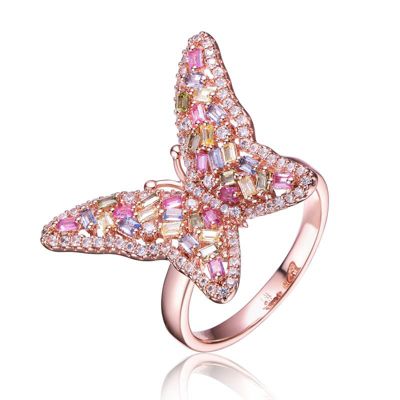 Rozzato Lab Created 18K Rose Gold Plated with Multi Color Cubic Zirconia Butterfly Ring