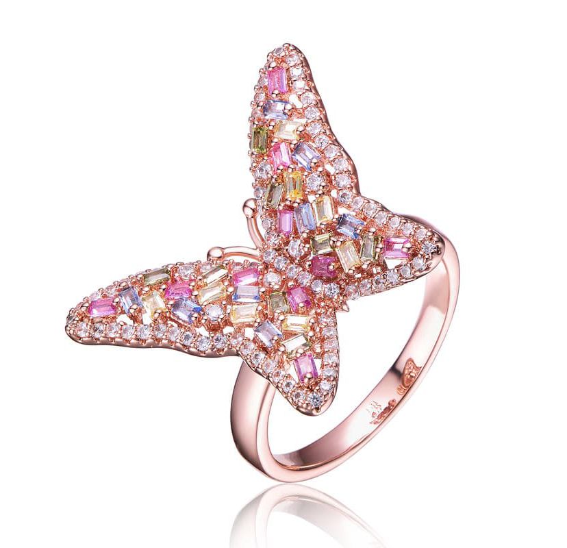 Lab Created 18K Rose Gold Plated with Multi Color Cubic Zirconia Butterfly Ring
