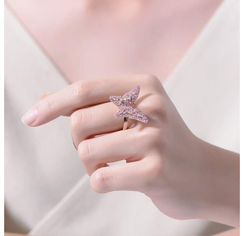 Lab Created 18K Rose Gold Plated with Multi Color Cubic Zirconia Butterfly Ring