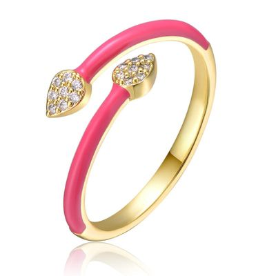 Rozzato Lab Created 14K Gold Plated with Clear Cubic Zirconia Bypass Magenta Pink Enamel Stacking Ring for Kids/Teens