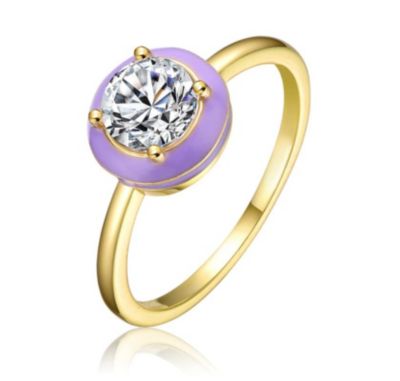 Rozzato Lab Created 14K Gold Plated with Cubic Zirconia & Purple Enamel Bezel Stacking Ring for Teens