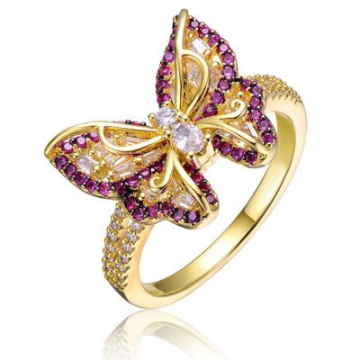 Rozzato Lab Created 14K Gold Plated with Ruby Red Cubic Zirconia Butterfly Split Top Ring for Kids/Teens