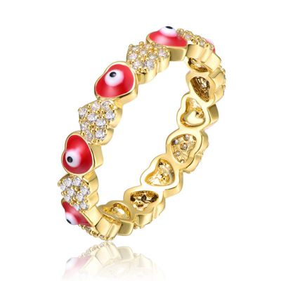 Rozzato Lab Created 14K Gold Plated with Clear Cubic Zirconia & Colorful Enamel Hearts Stacking Ring for Kids/Teens