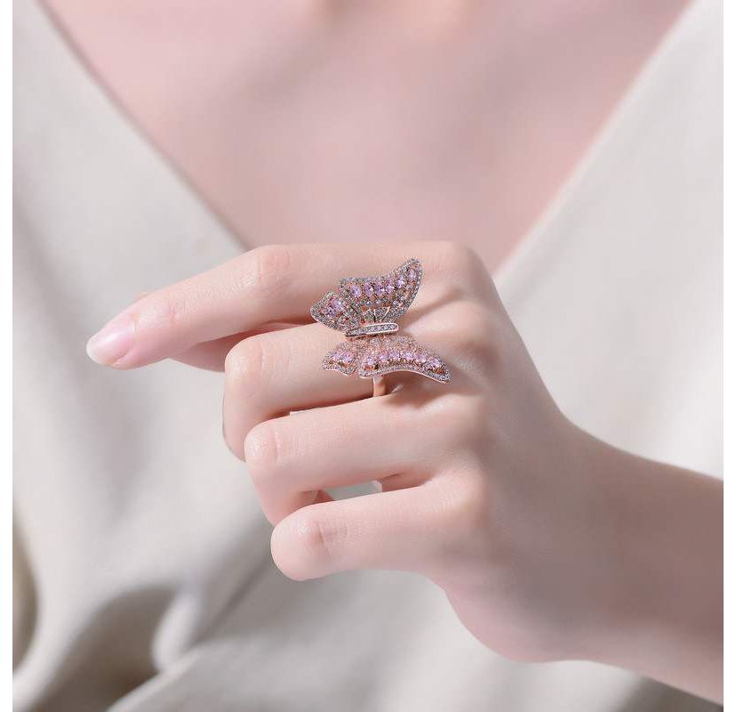 Lab Created 18K Rose Gold Plated with Pink Cubic Zirconia Butterfly Ring