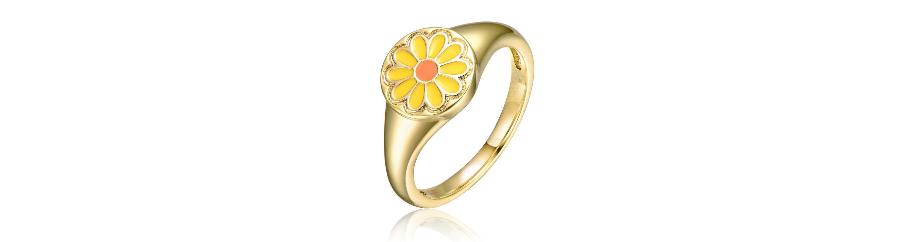 Lab Created 14K Gold Plated with Yellow Flower Enamel Modern Rings