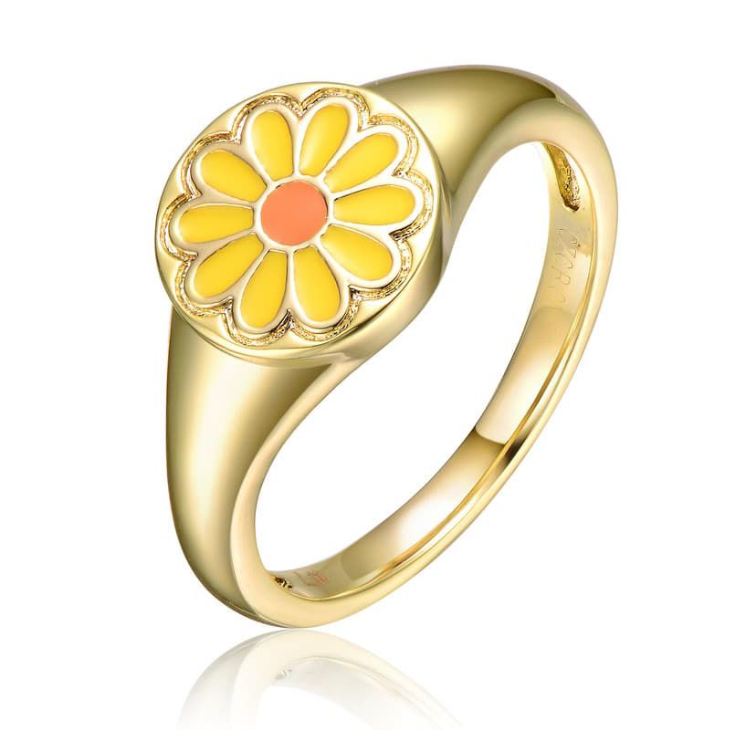 Lab Created 14K Gold Plated with Yellow Flower Enamel Modern Rings