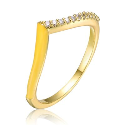 Rozzato Lab Created 14K Gold Plated with Clear Cubic Zirconia & Yellow Enamel 'V' shaped stackable ring for Kids/Teens