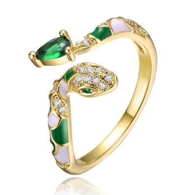 Rozzato Lab Created 14k Yellow Gold Plated with Emerald & Cubic Zirconia Coiled Snake Serpent Open Bypass Cuff Ring