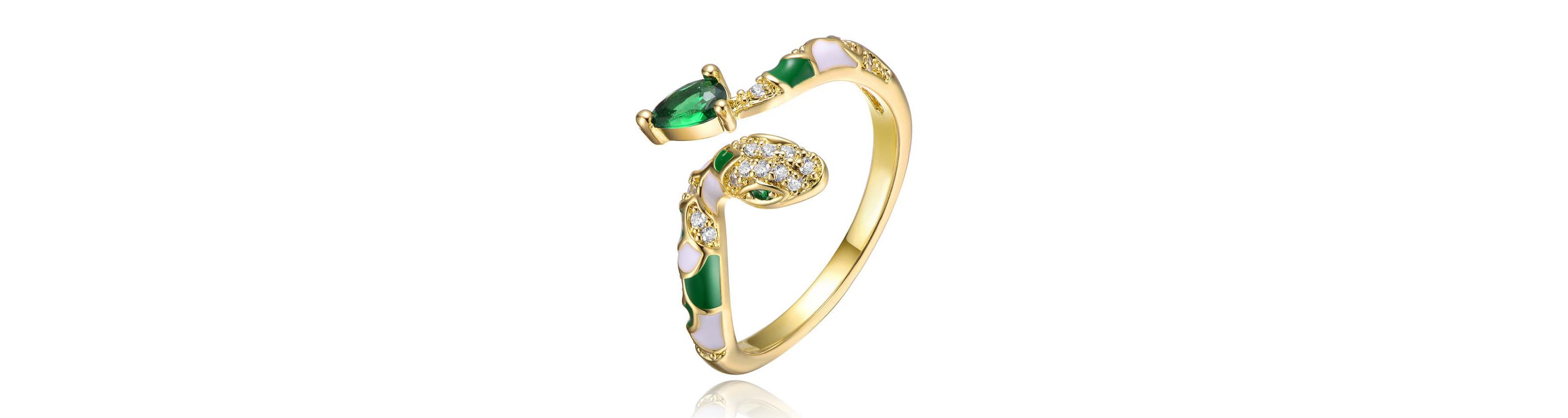 Lab Created 14K Gold Plated with Emerald Green Cubic Zirconia Coiled Snake Serpent Open Bypass Cuff Ring