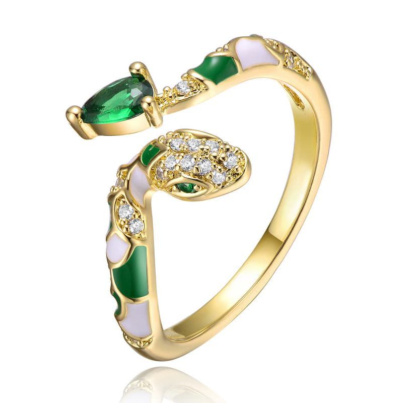 Lab Created 14K Gold Plated with Emerald Green Cubic Zirconia Coiled Snake Serpent Open Bypass Cuff Ring