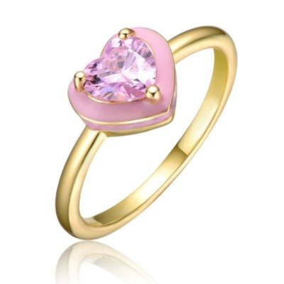 Rozzato Lab Created 14K Gold Plated with Pink Cubic Zirconia Enamel Halo Heart Stacking Ring for Kids/Teens