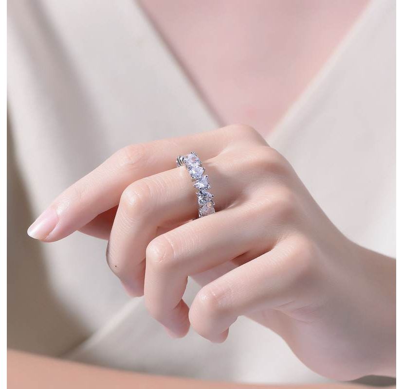 Lab Created White Gold Plated with Clear Heart Cubic Zirconia Band Ring