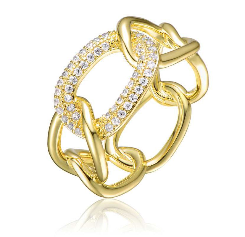 Lab Created 14K Gold Plated Round with Clear Cubic Zirconia thick interlocking chain Ring