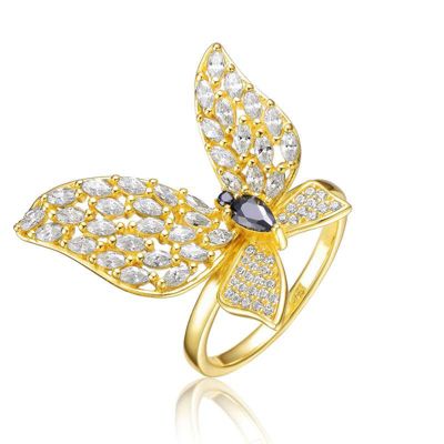 Rozzato Lab Created 14K Gold Plated with Black Cubic Zirconia Butterfly Ring
