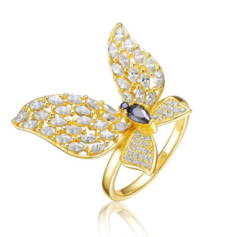 Lab Created 14K Gold Plated with Black Cubic Zirconia Butterfly Ring