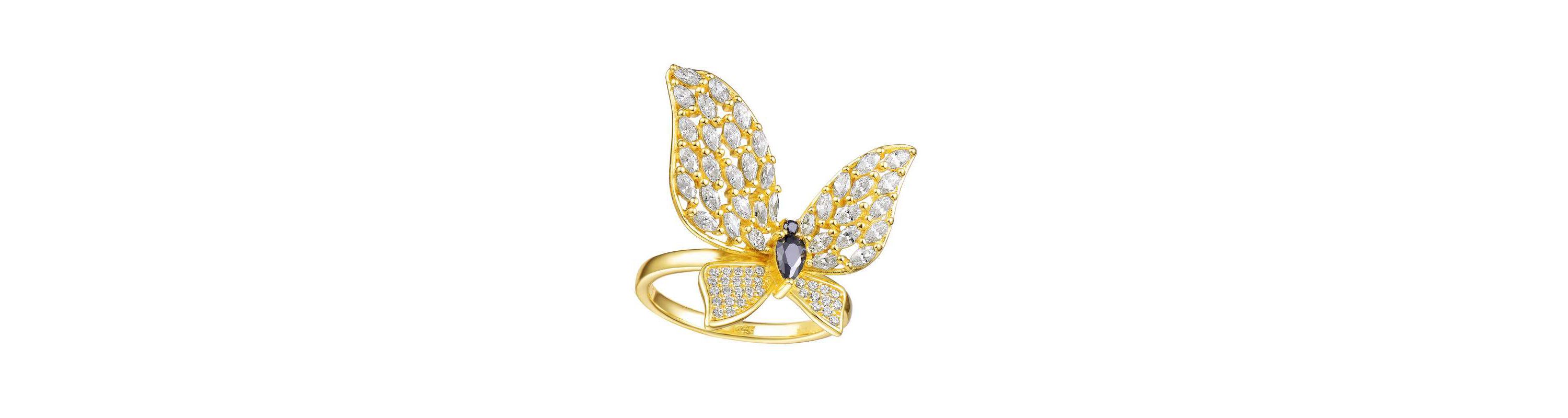 Lab Created 14K Gold Plated with Black Cubic Zirconia Butterfly Ring