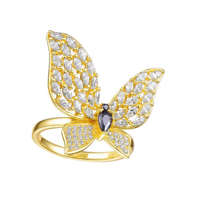 Lab Created 14K Gold Plated with Black Cubic Zirconia Butterfly Ring