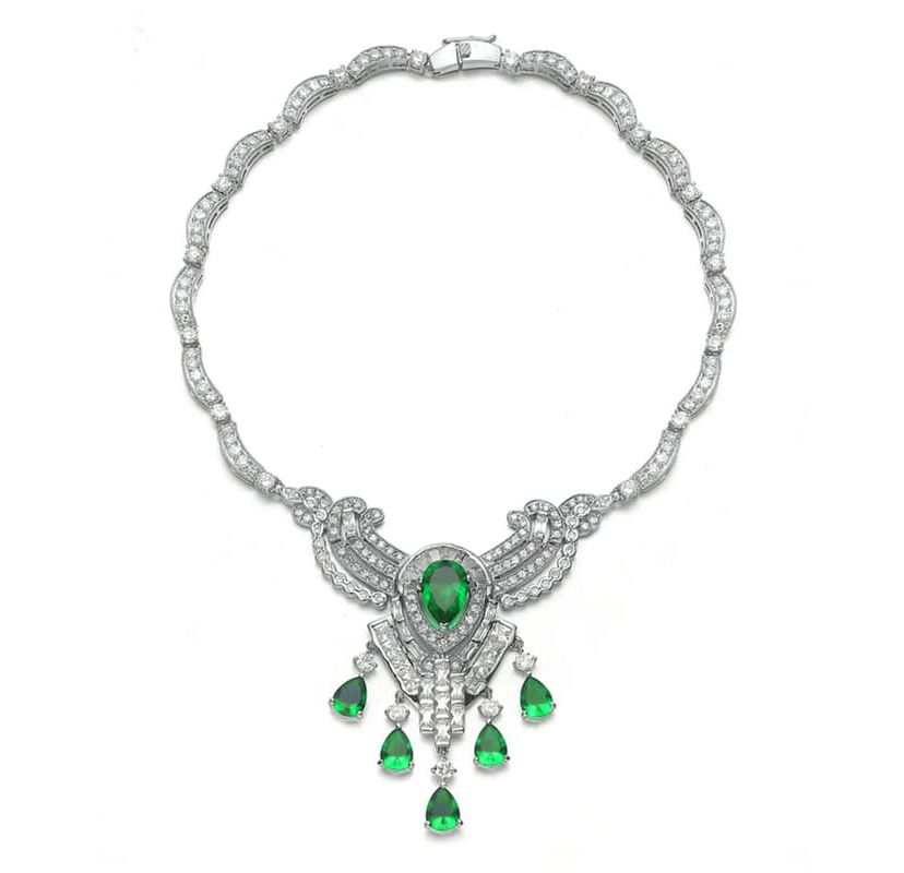 Lab Created Sterling Silver White Gold Plated with Colored Cubic Zirconia Teardrop Accent Necklace