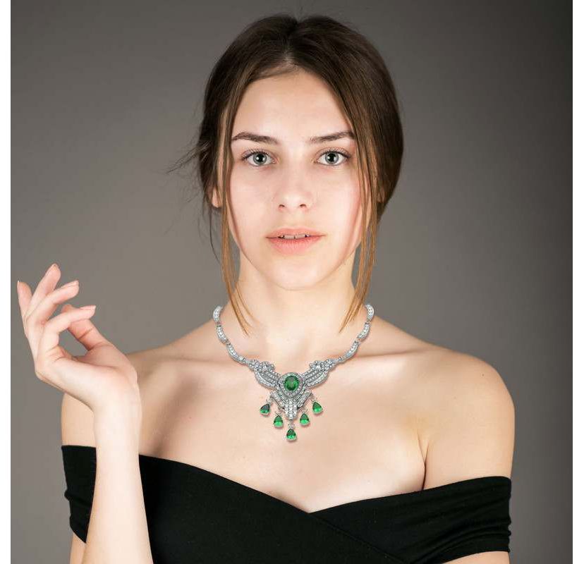 Lab Created Sterling Silver White Gold Plated with Colored Cubic Zirconia Teardrop Accent Necklace