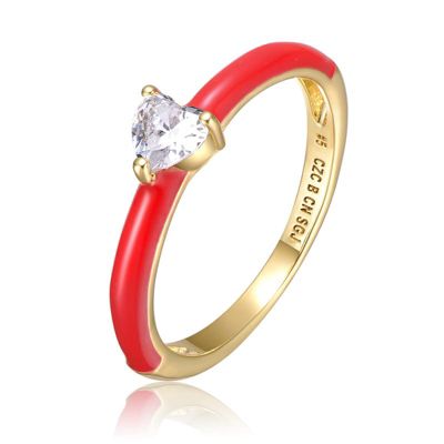 Rozzato Lab Created 14K Gold Plated with Clear Heart Cubic Zirconia & Colored Enamel Solitaire Ring for Teens, Red
