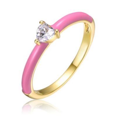 Rozzato Lab Created 14K Gold Plated with Clear Heart Cubic Zirconia & Colored Enamel Solitaire Ring for Teens