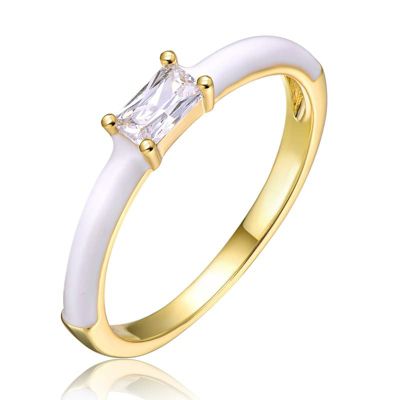 Rozzato Lab Created 14K Gold Plated with Clear Baguette Cubic Zirconia & White Enamel Slim Stacking Ring for Teens